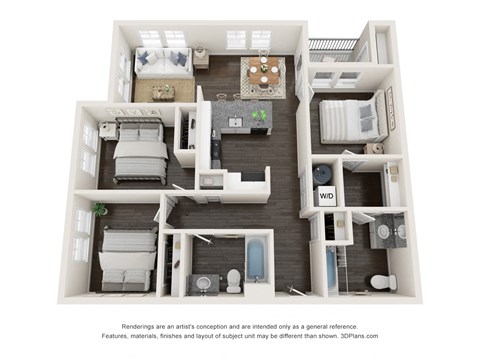Floor plan for 3 beds, 2 baths, 1050 sqft
